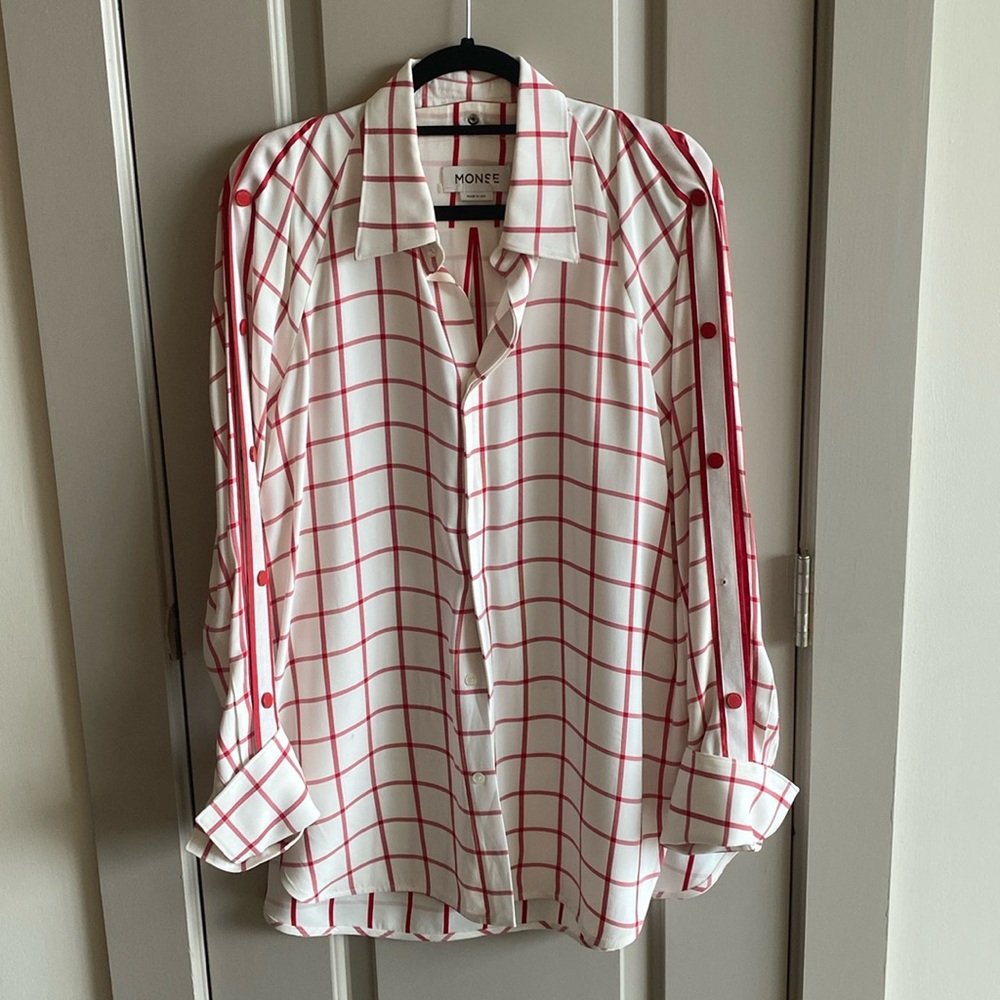 Monse window pane long blouse with snaps on arms and around neck